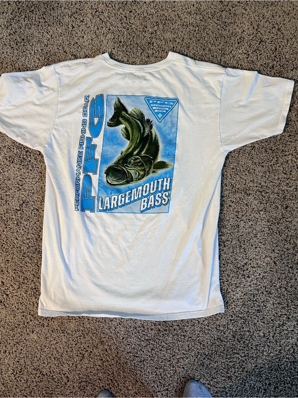Columbia White Short Sleeve Tee with Blue and Green Largemouth Bass Graphic
